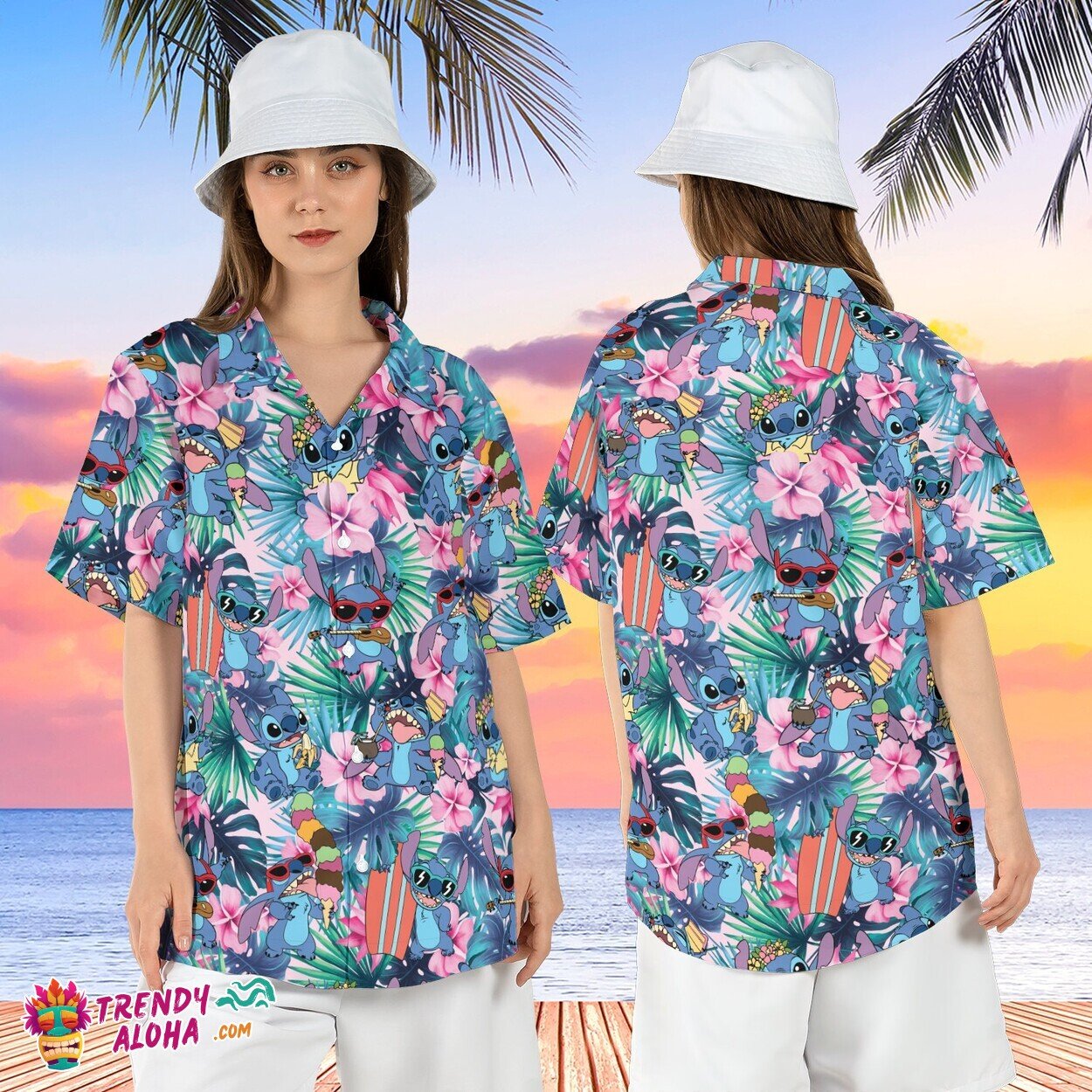 Stitch Beach Lilo Hibiscus Tropical Disney Summer Aloha Shirt