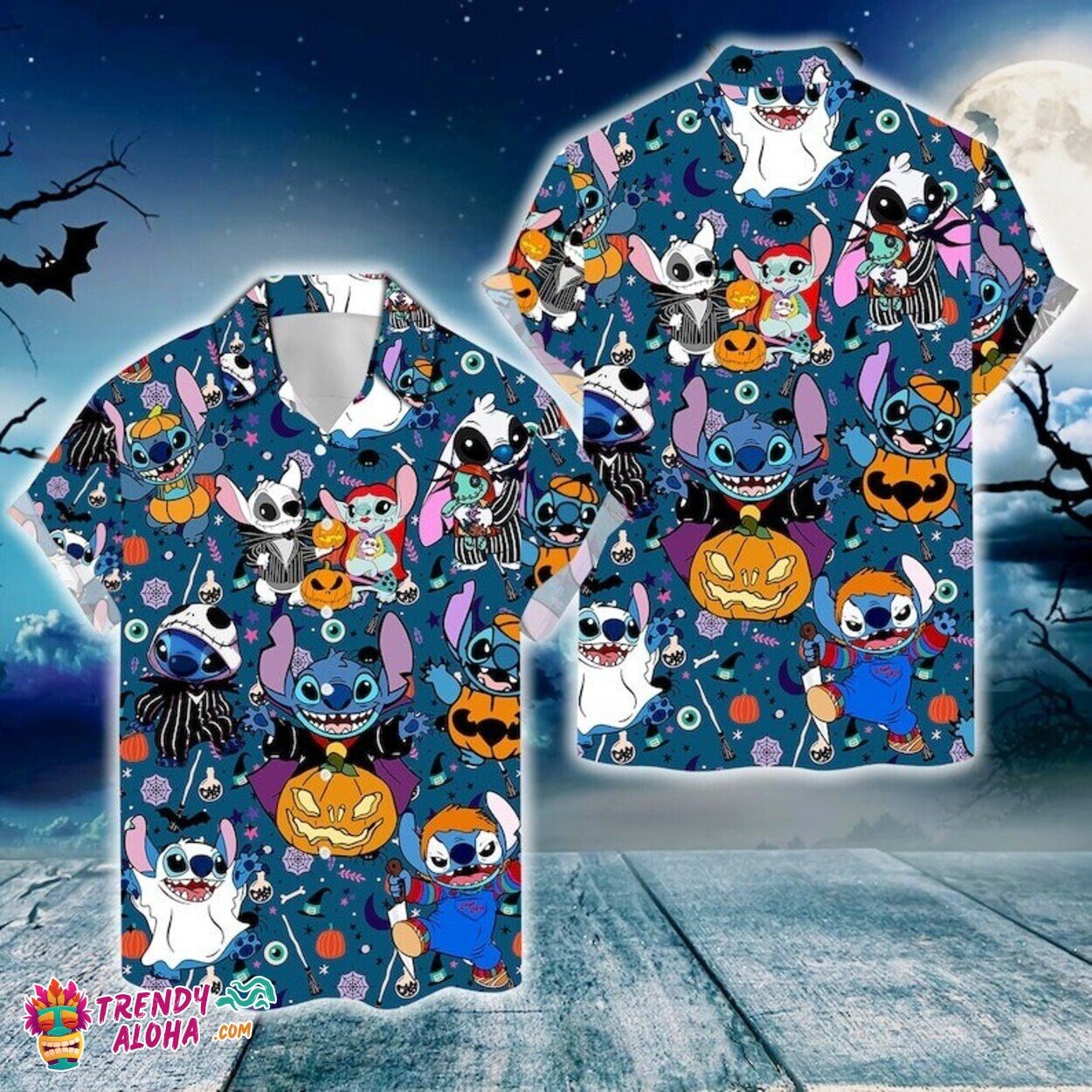 Stitch Ghost Pumpkin Spooky Season Beach Hawaiian Button-Down Shirt