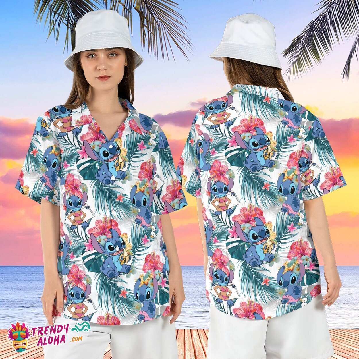 Stitch Hibiscus Lilo Summer Tropical Beach Disneyland Aloha Shirt
