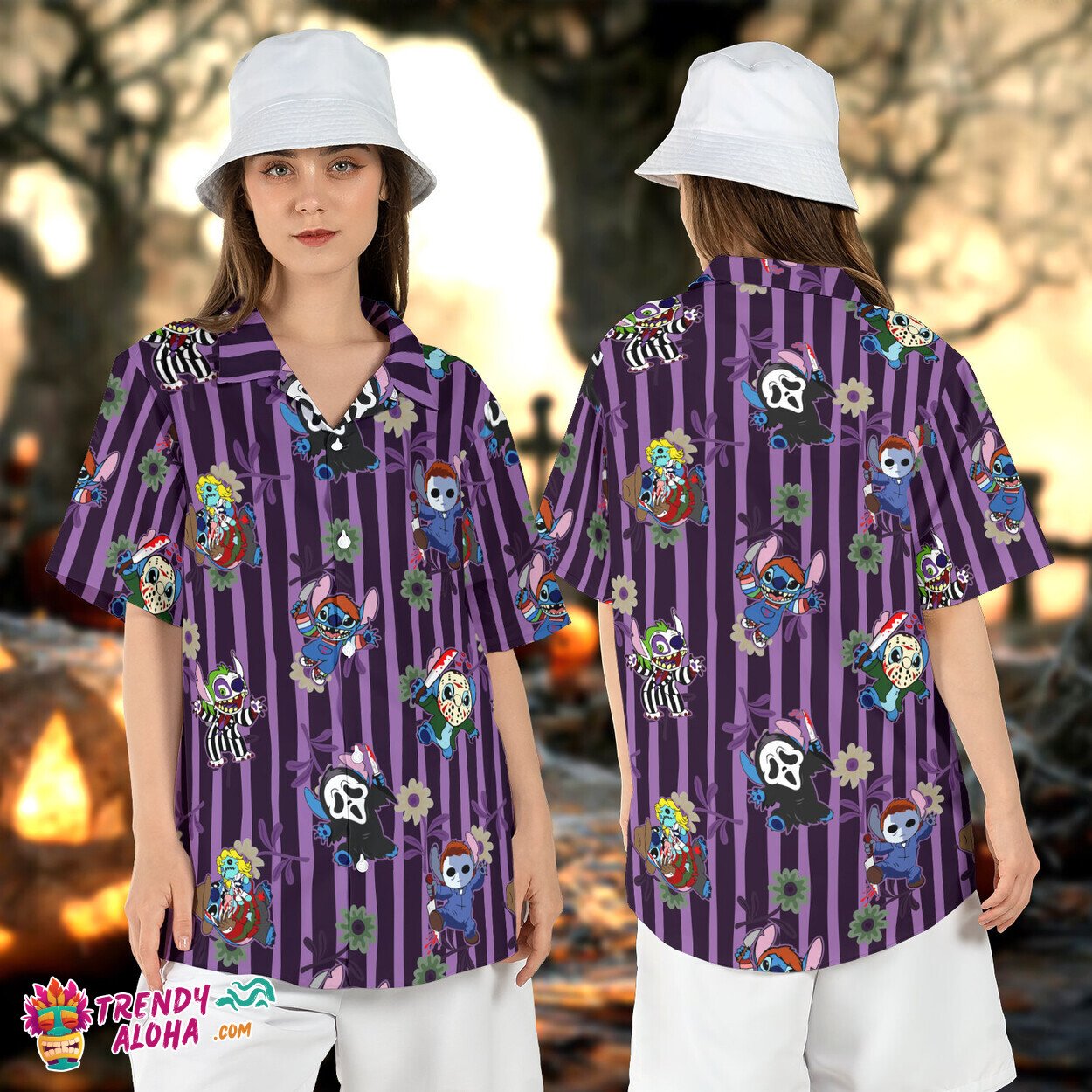 Stitch Horror Movie Characters Halloween Scary Spooky Aloha Shirt