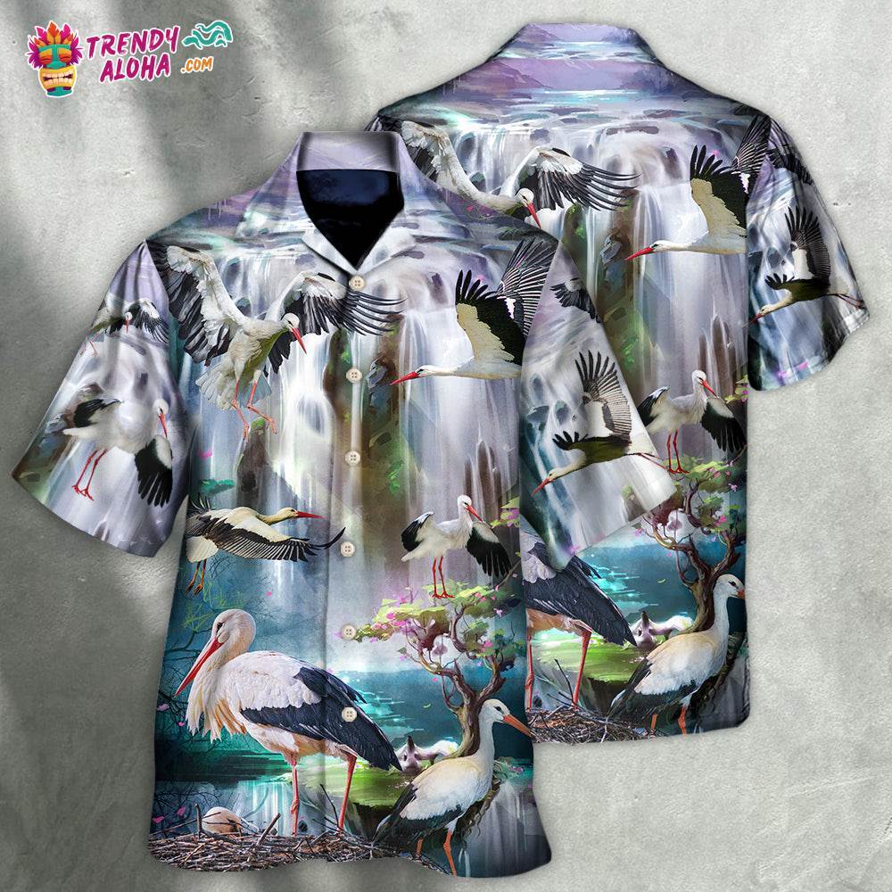 Stork Bird In The Dreamy Waterfall Hawaiian Shirt – Trendy Aloha