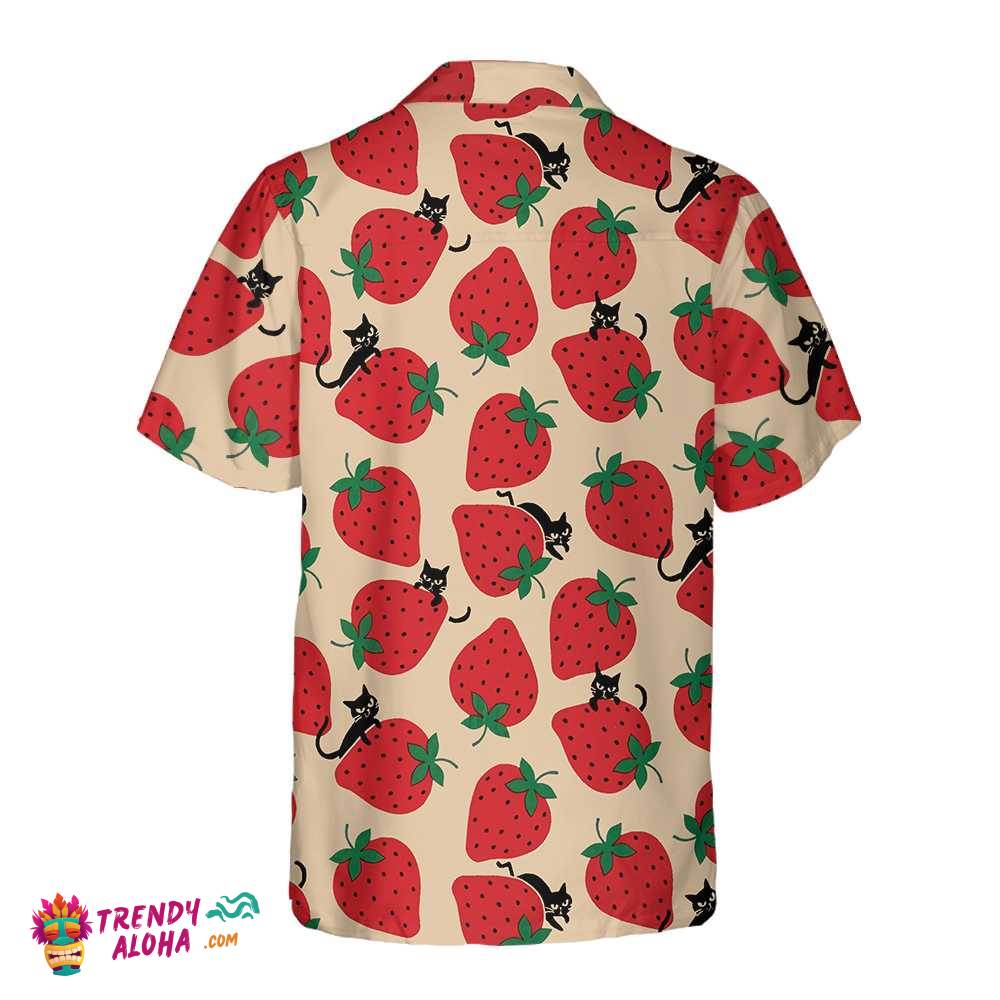 Strawberry And Cat Seamless Pattern Hawaiian Shirt, Strawberry Shirt For Men & Women, Strawberry Print Shirt