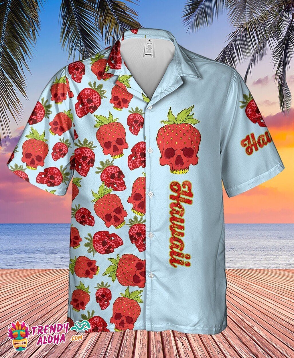 Strawberry Skull Tropical Hawaiian Aloha Summer Button Men Shirt