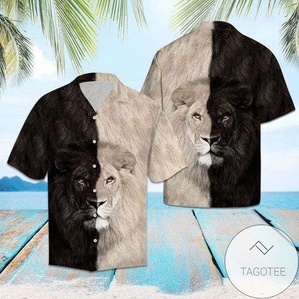 Striking Black and White Lion Print Enhances Hawaiian Shirt