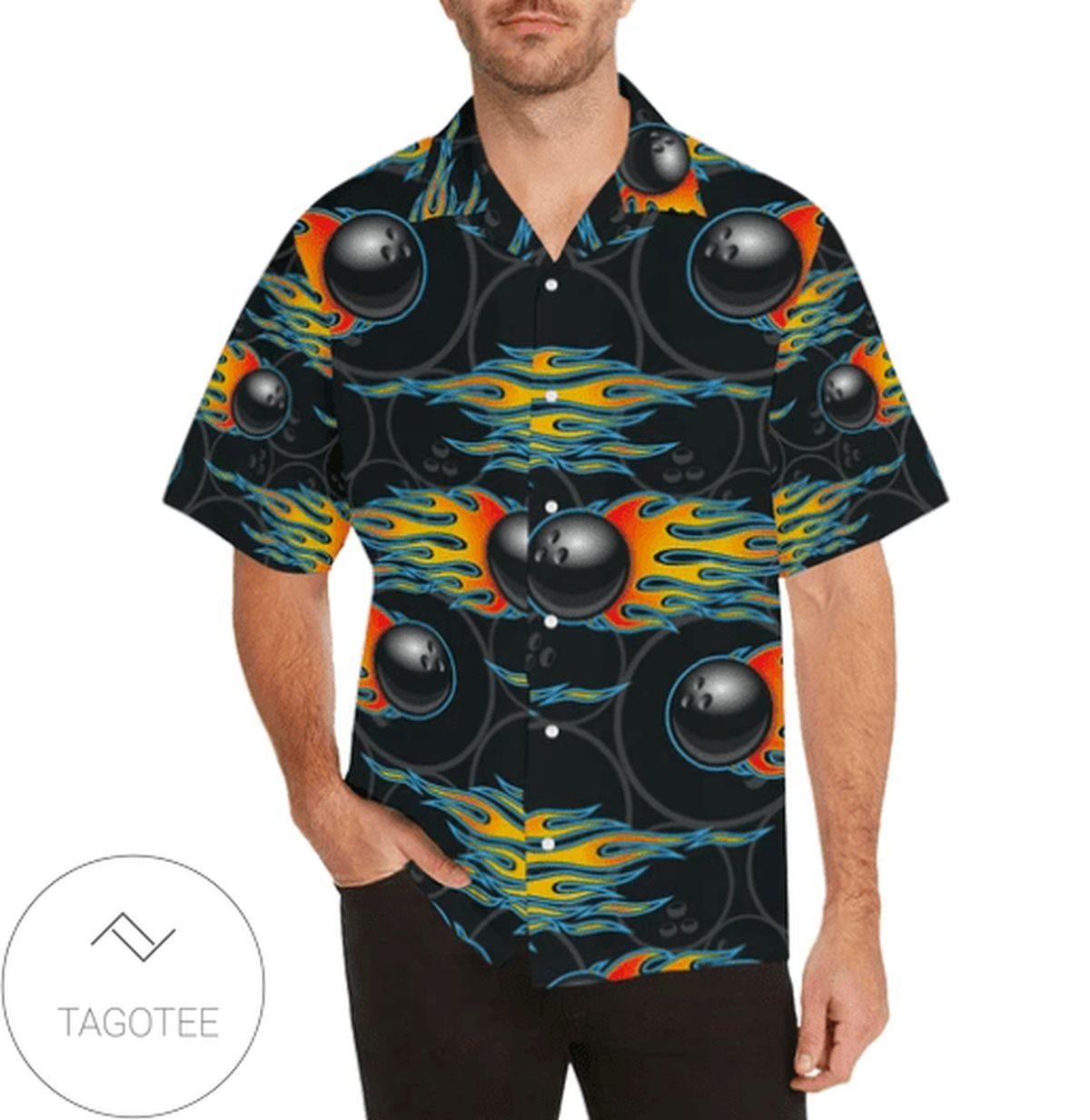 Striking Fire Bowling Against a Black Background Hawaiian Shirt