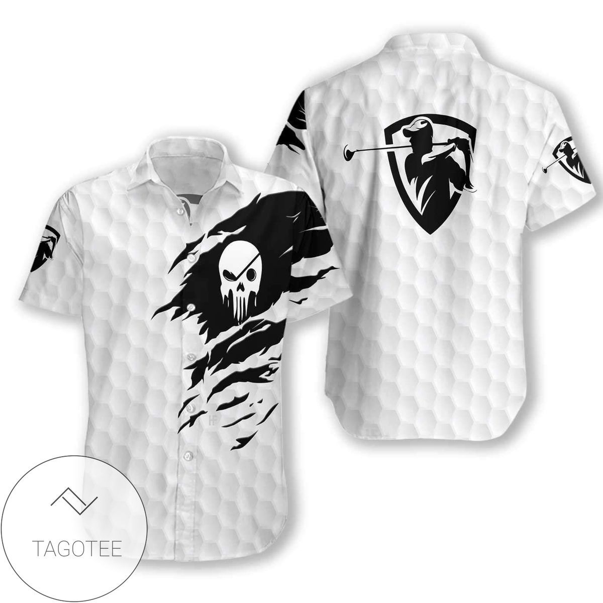 Striking Golf Skull Illustration Adorns Hawaiian Shirt