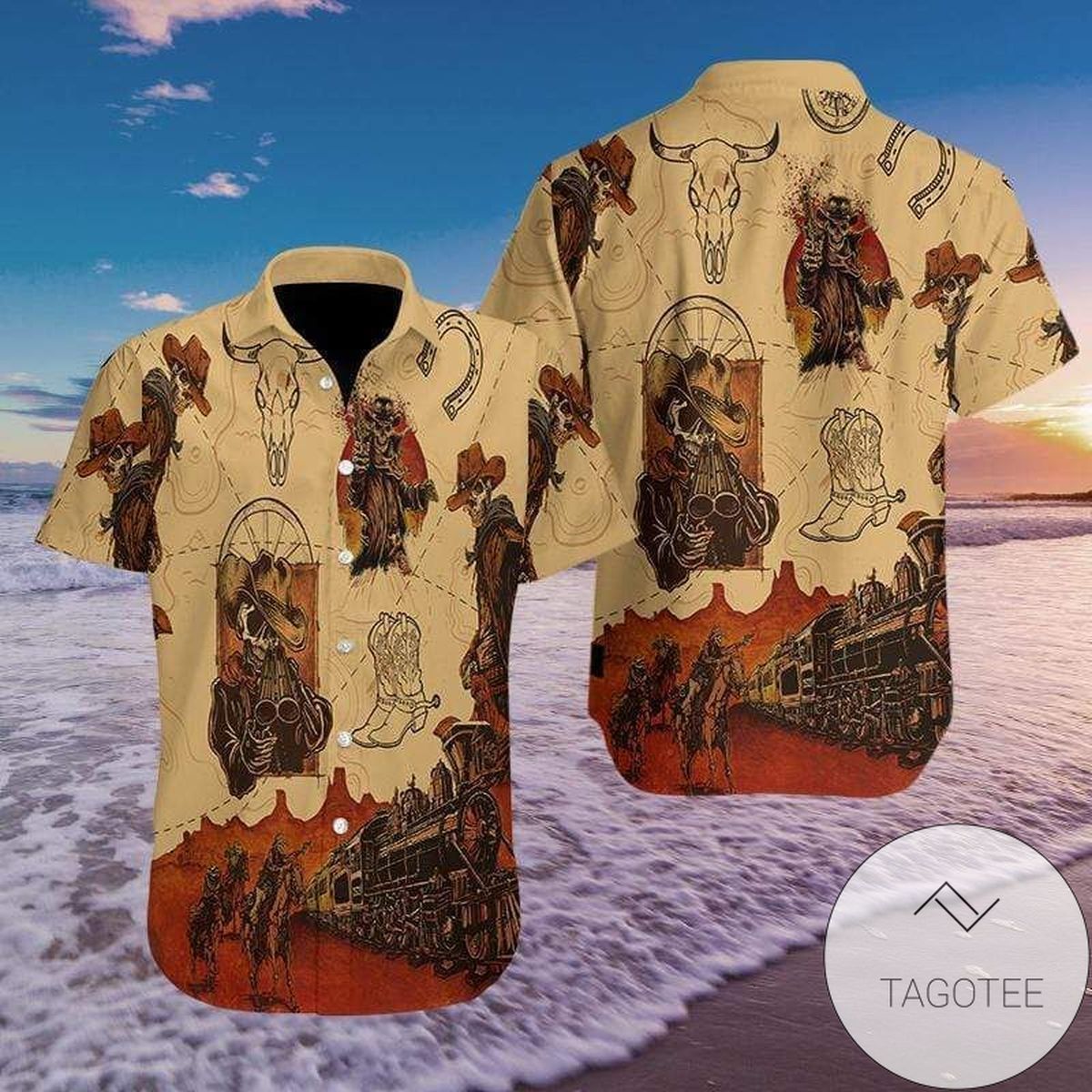 Striking Skull Cowboy Vibrantly Illustrated on a Hawaiian Shirt