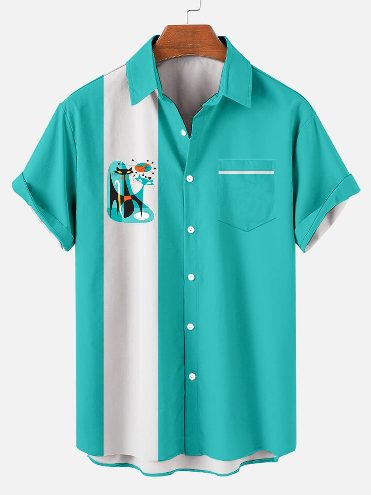 Striped Meows: Men’s Hawaiian Kitten Color Block Short Sleeve Shirt Striped Meows: Men’s Hawaiian Kitten Color Block Short Sleeve Shirt