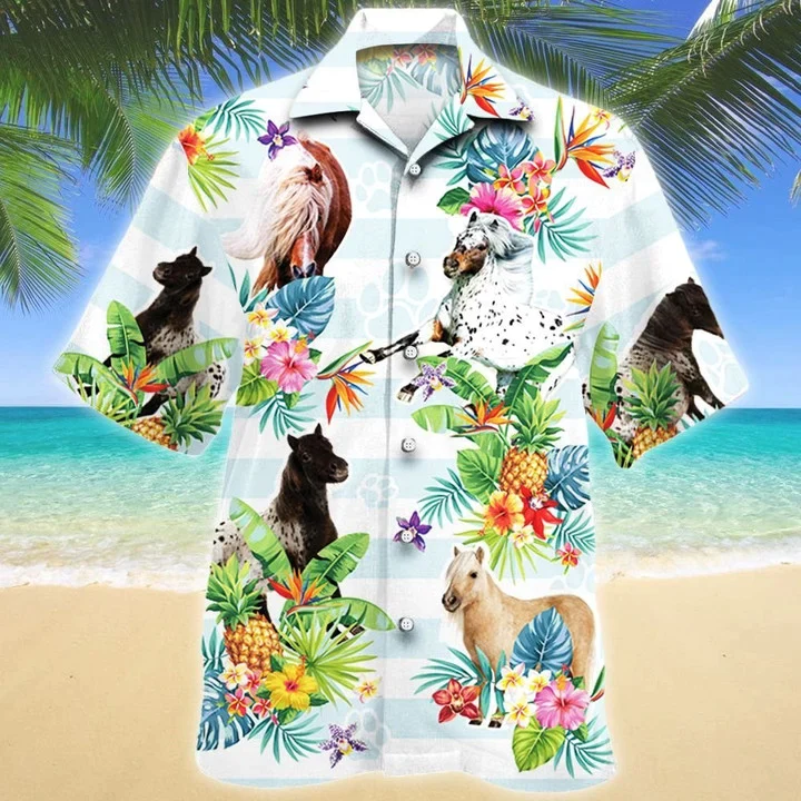 Striped Pattern Miniature Horse Tropical Flower Hawaiian Shirt