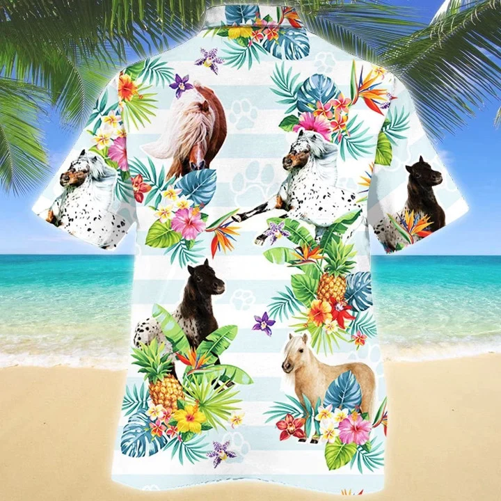 Striped Pattern Miniature Horse Tropical Flower Trendy Hawaiian Shirt