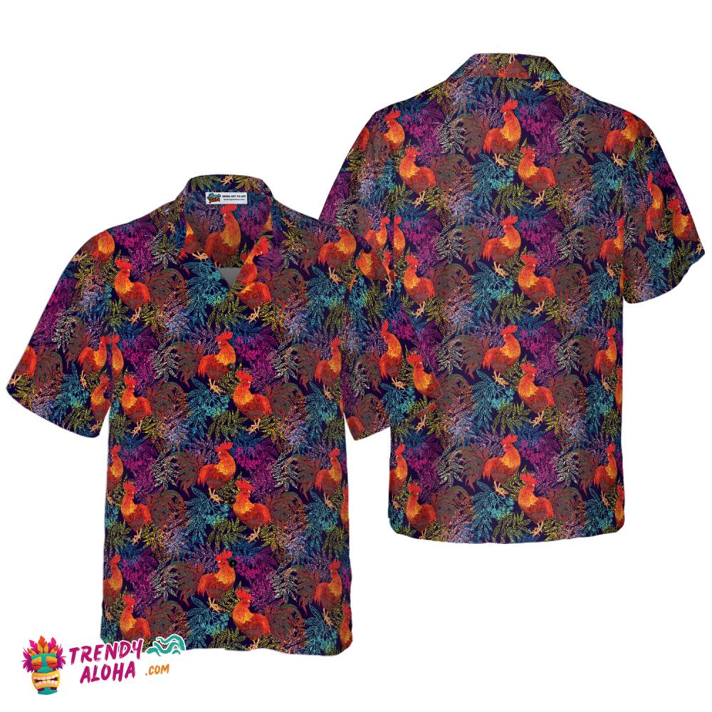 Stylish Rooster Chicken And Leaves Hawaiian Shirt