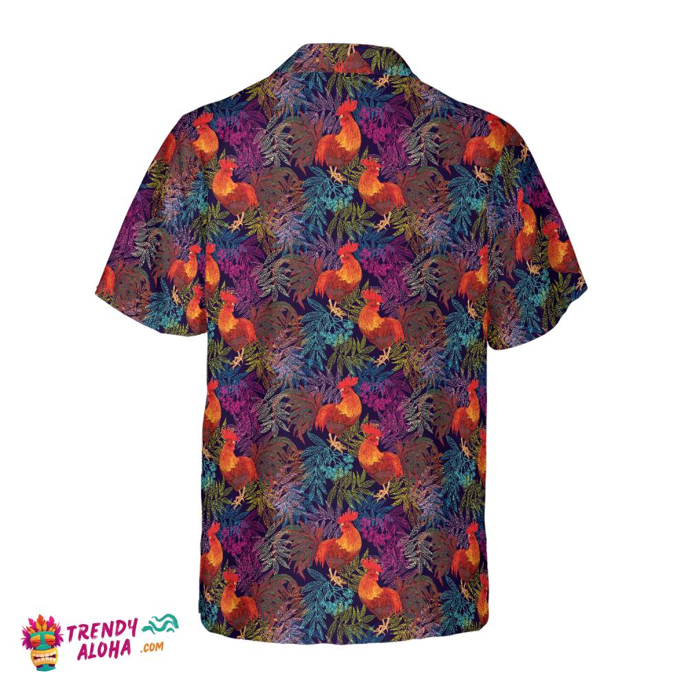 Stylish Rooster Chicken And Leaves Hawaiian Shirt