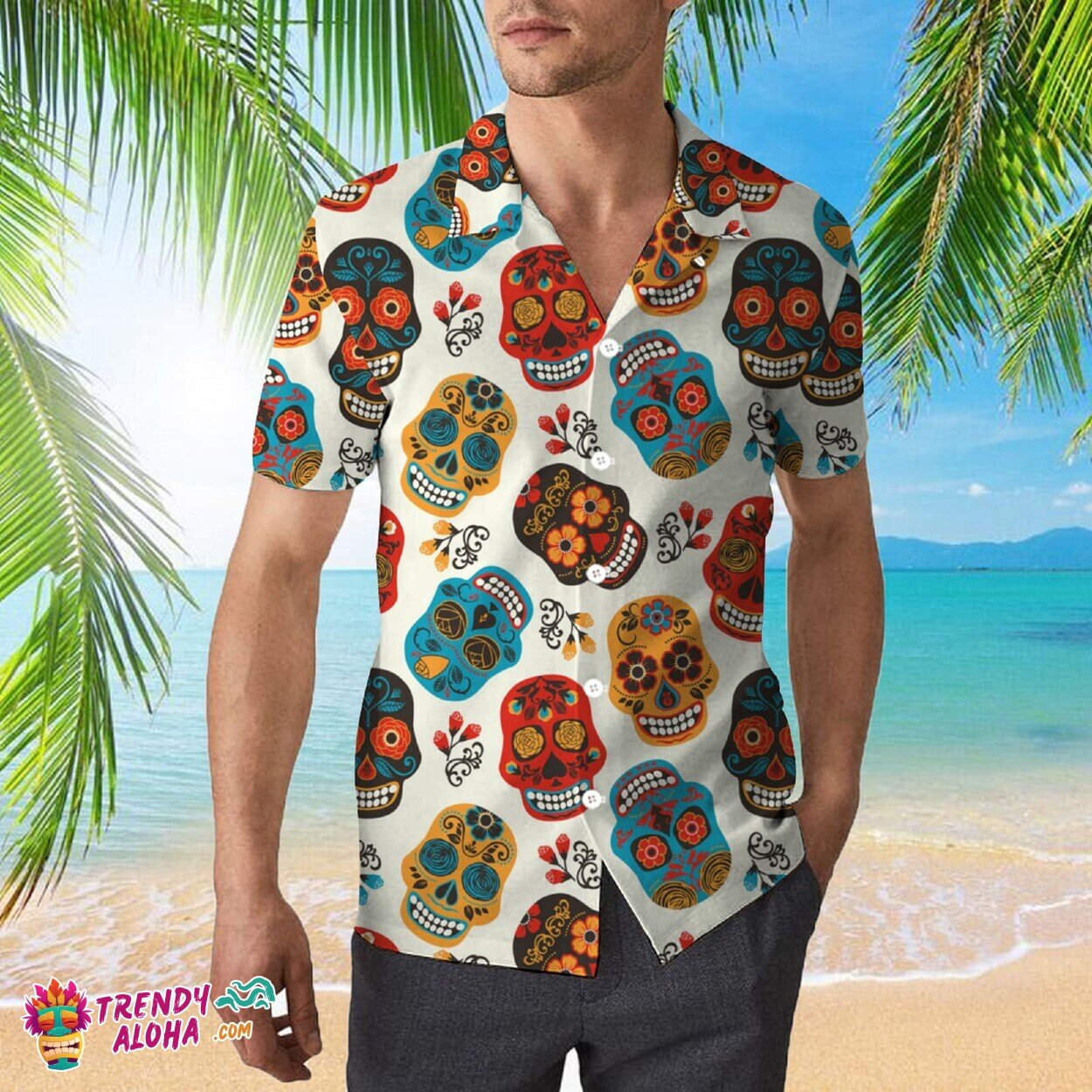 Sugar Skull Pattern Casual Halloween Unisex Hawaiian Aloha Shirt