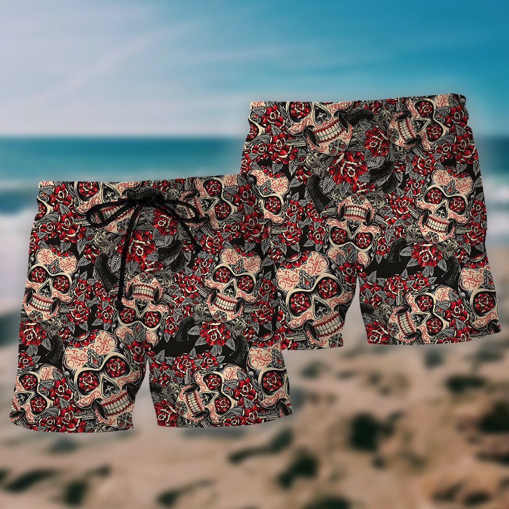 Sugar Skull Red Floral Trendy Aloha Hawaiian Beach Shorts