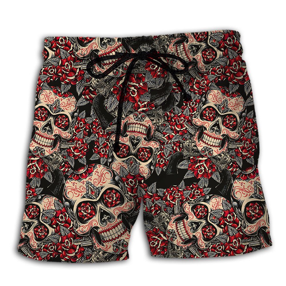 Sugar Skull Red Floral Trendy Aloha Hawaiian Beach Shorts Sugar Skull Red Floral Trendy Aloha Hawaiian Beach Shorts