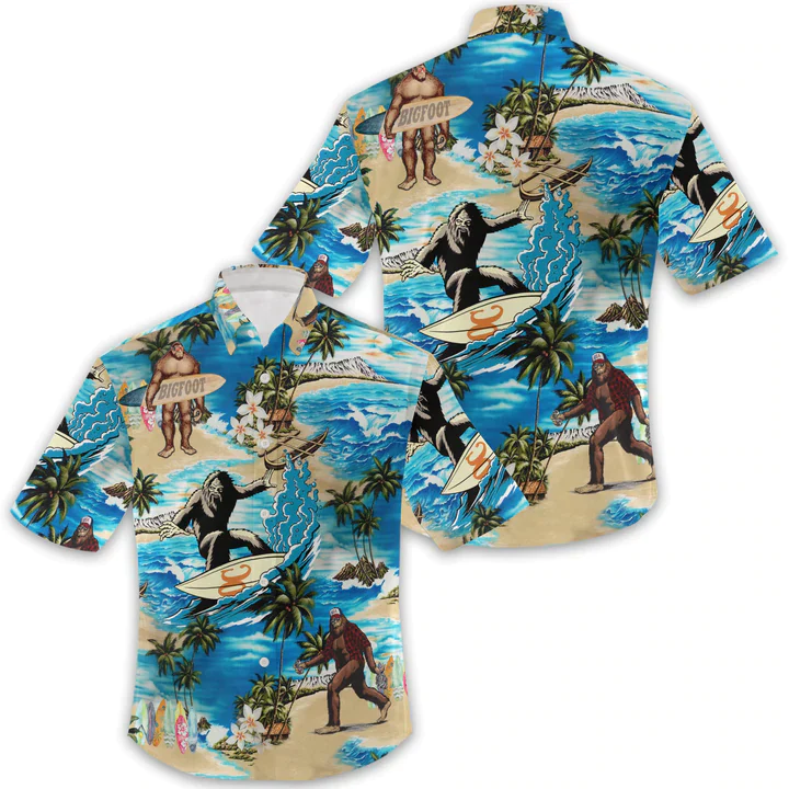 Summer 3D Bigfoot Hawaii Shirt, Trendy Hawaiian Shirts For Men Short Sleeve Aloha Beach Shirt