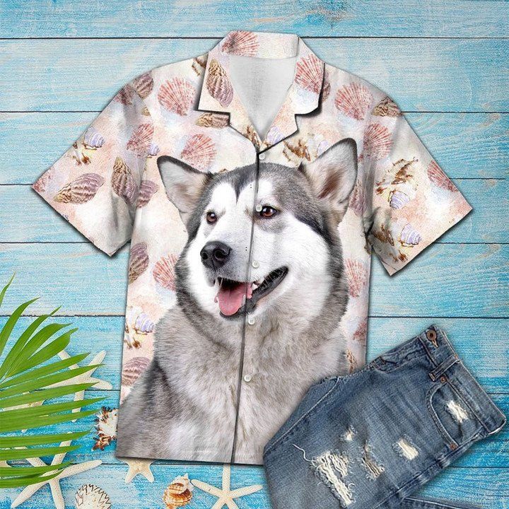 Summer Beach Seashells And Cute Alaskan Malamute Portrait Trendy Hawaiian Shirt, Short Sleeve Hawaiian Aloha Shirt Summer Beach Seashells And Cute Alaskan Malamute Portrait Trendy Hawaiian Shirt, Short Sleeve Hawaiian Aloha Shirt
