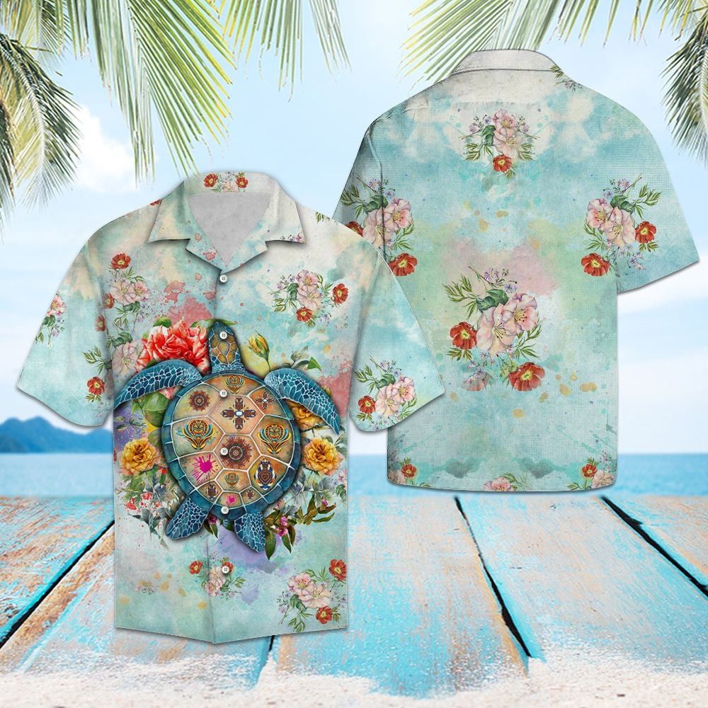 Summer Hawaiian Shirt Featuring Turtle amidst Flowers