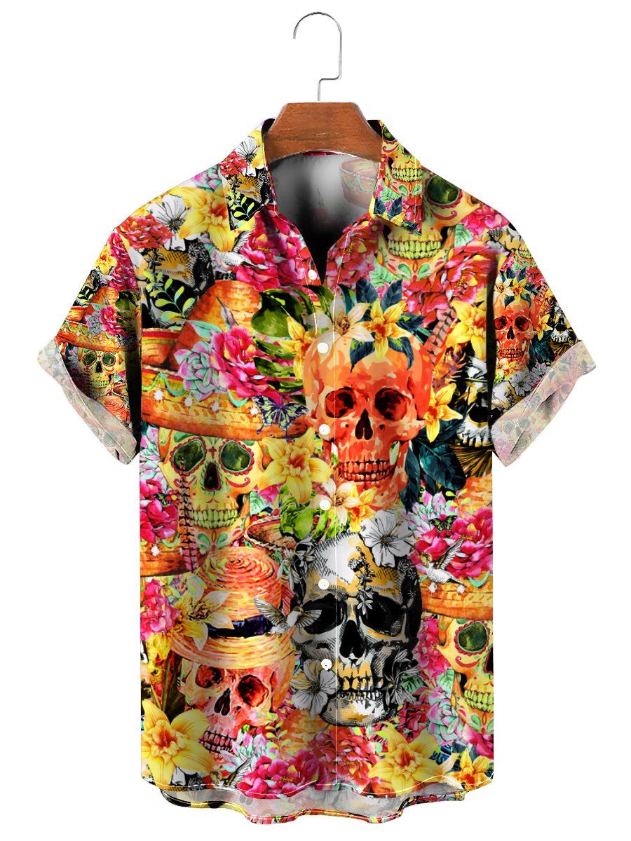 Summer Hawaiian Shirts Multicolor Skull Floral Print Button Shirt