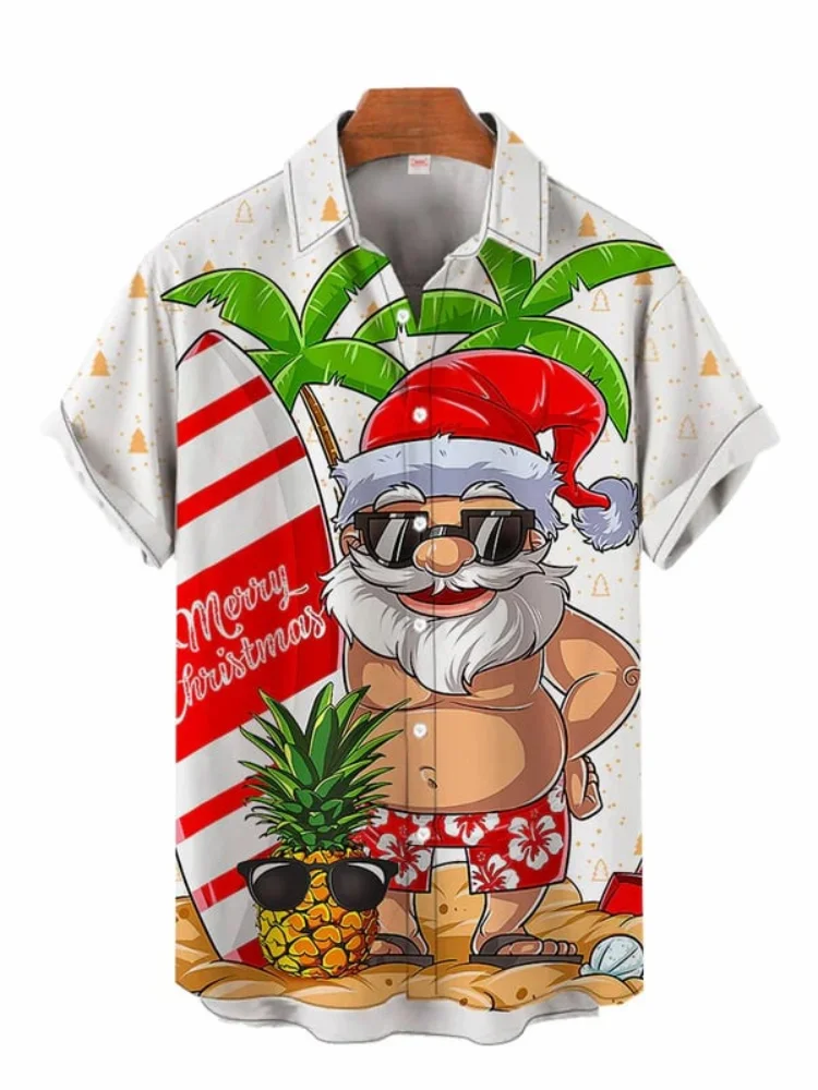 Summer Sunbathing Santa Caus Printing Men’s Shirt, Trendy Hawaiian Shirt For Men