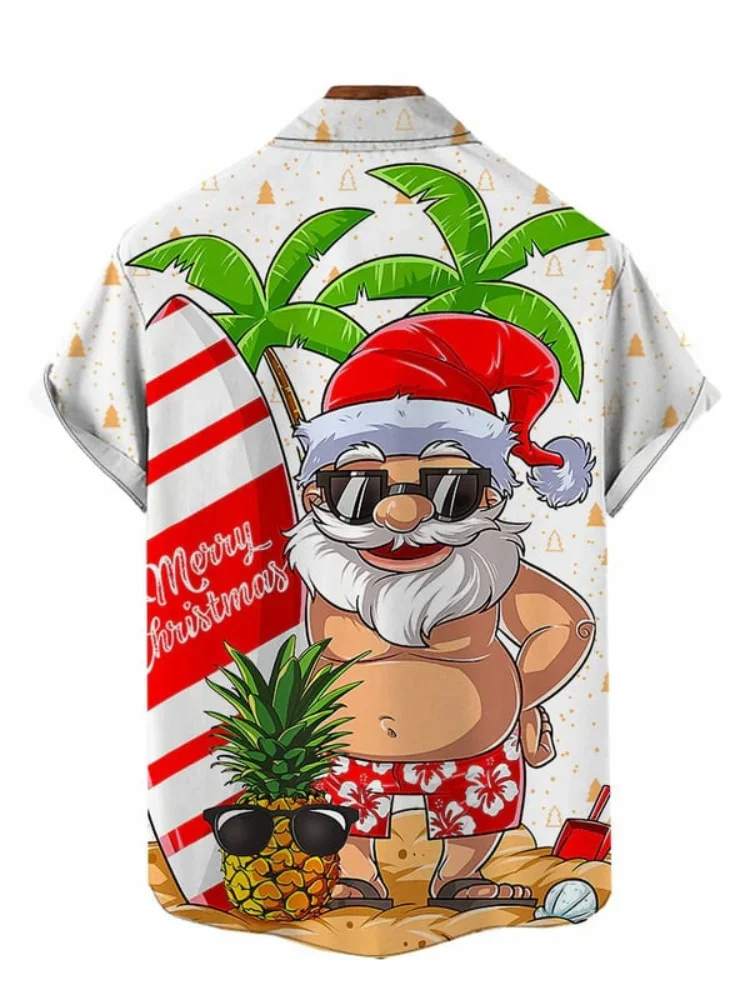 Summer Sunbathing Santa Caus Printing Men’s Shirt, Trendy Hawaiian Shirt For Men