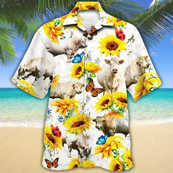 Sunflower Charolais Cattle Hawaiian Shirt for Bovine Lovers