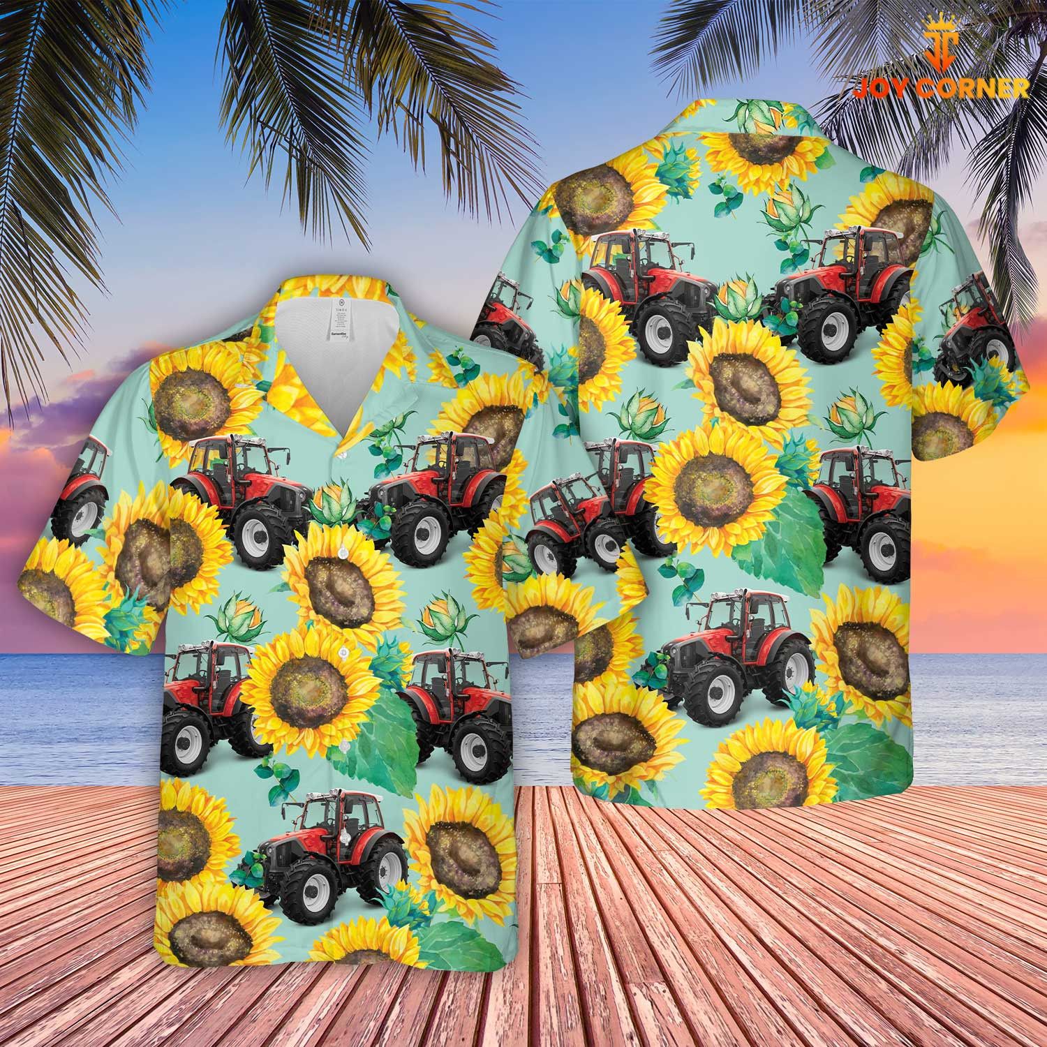 Sunflower Field Red Tractor Farm Hawaiian Shirt Vibrant Design