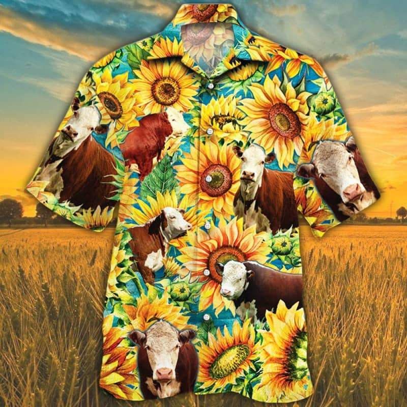 Sunflower Hereford 3D Hawaiian Shirt Blooms Livestock Beauty