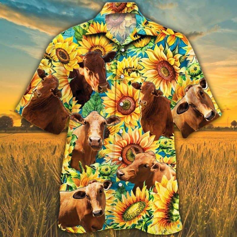Sunflower Highlighting Beefmaster Cattle 3D Hawaiian Shirt Design