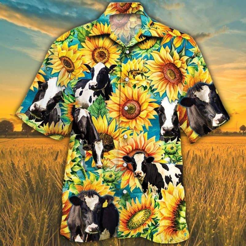 Sunflower Holstein Friesian Cattle All Printed 3D Hawaiian Shirt