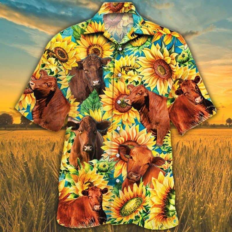 Sunflower Red Angus 3D Hawaiian Shirt Celebrate Beauty Cattle
