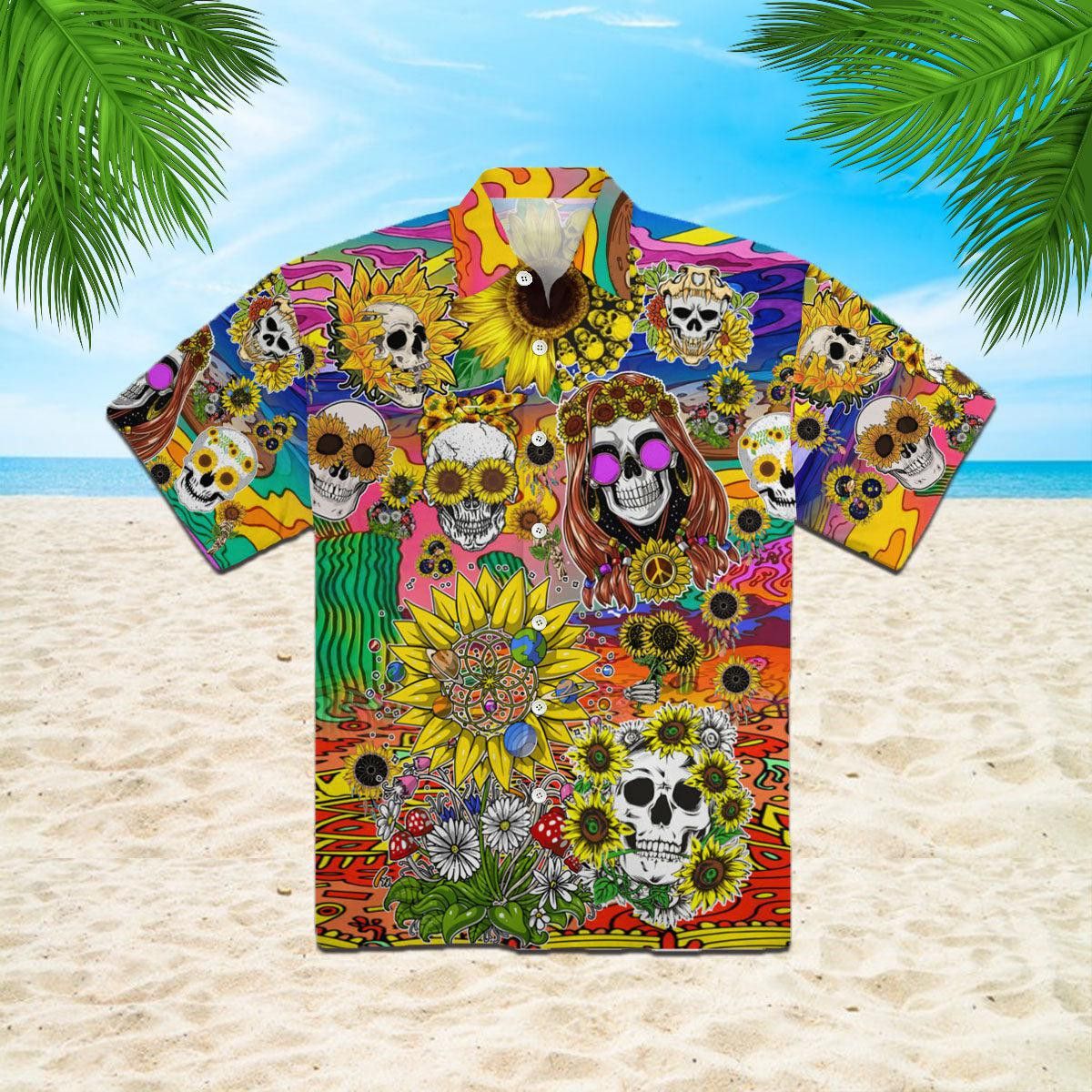 Sunflower Skull Hippie Trendy Hawaiian Shirt