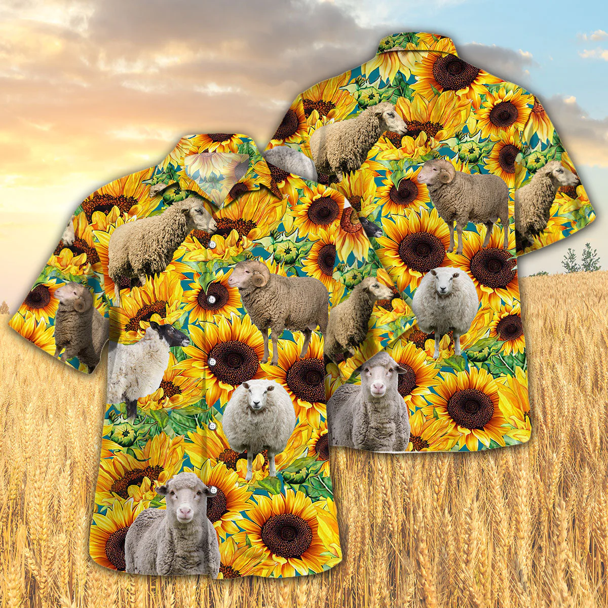Sunflower Themed Hawaiian Shirt With Sheep Imagery In 3D Print Design Detail