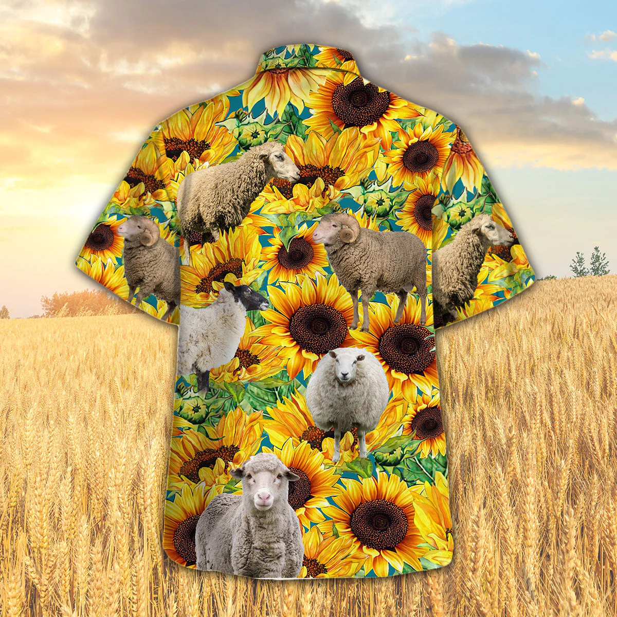 Sunflower Themed Hawaiian Shirt With Sheep Imagery In 3D Print Design Detail