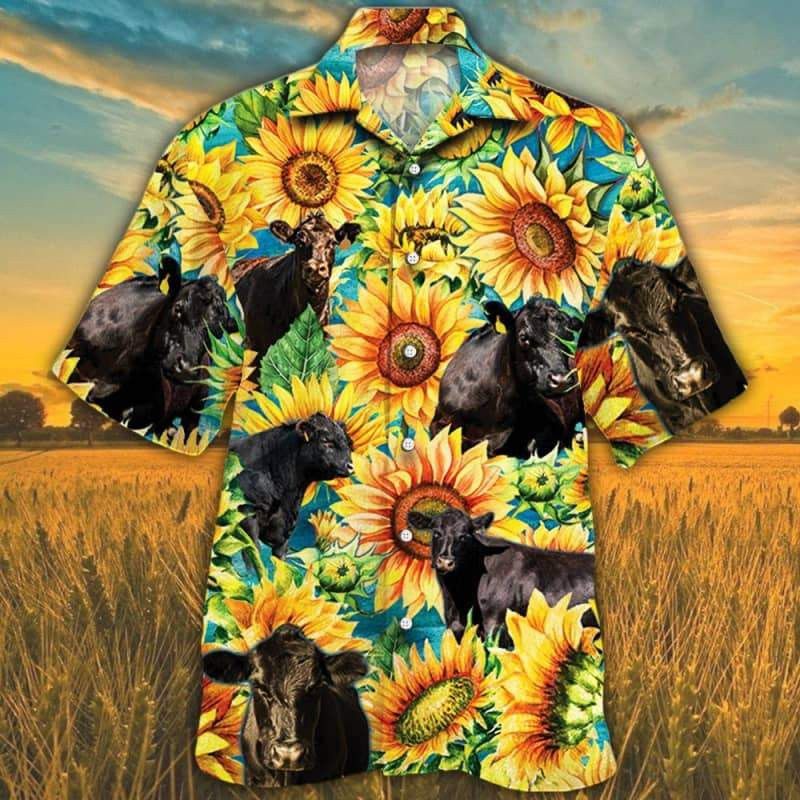 Sunflower Watercolor Black Angus Cattle Hawaiian Shirt