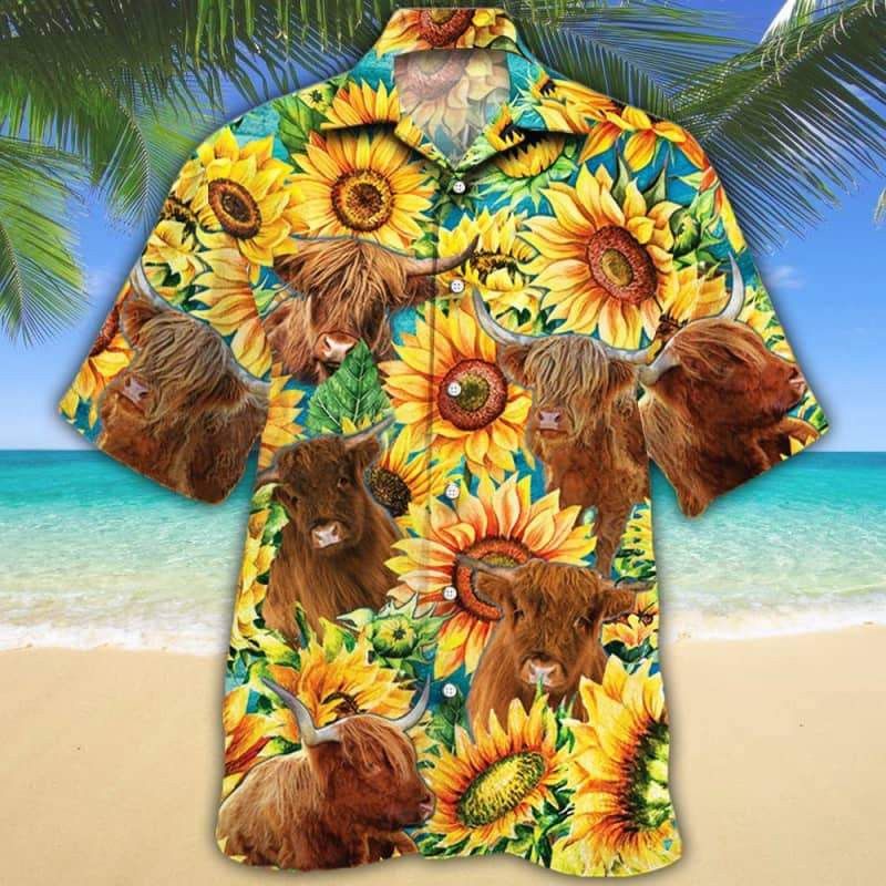 Sunflower Watercolor Highland Cattle Hawaiian Shirt