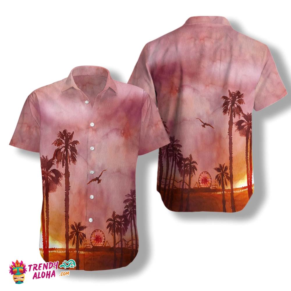 Sunset Santa Monica Pier Canvas Hawaiian Shirt