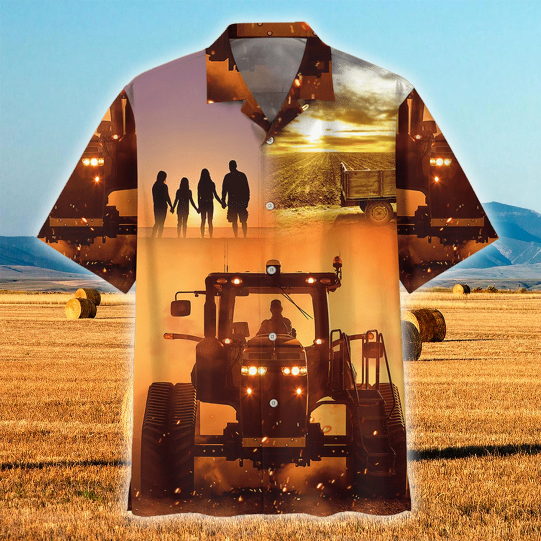 Sunset Scene Vibrant Print Tractor 3D Hawaiian Shirt