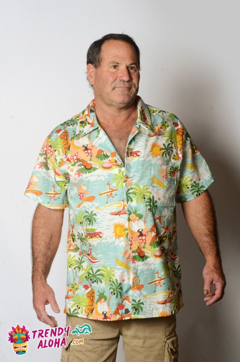 Surfin’ Santa Festive Wave Riding Pattern Hawaiian Xmas Shirt