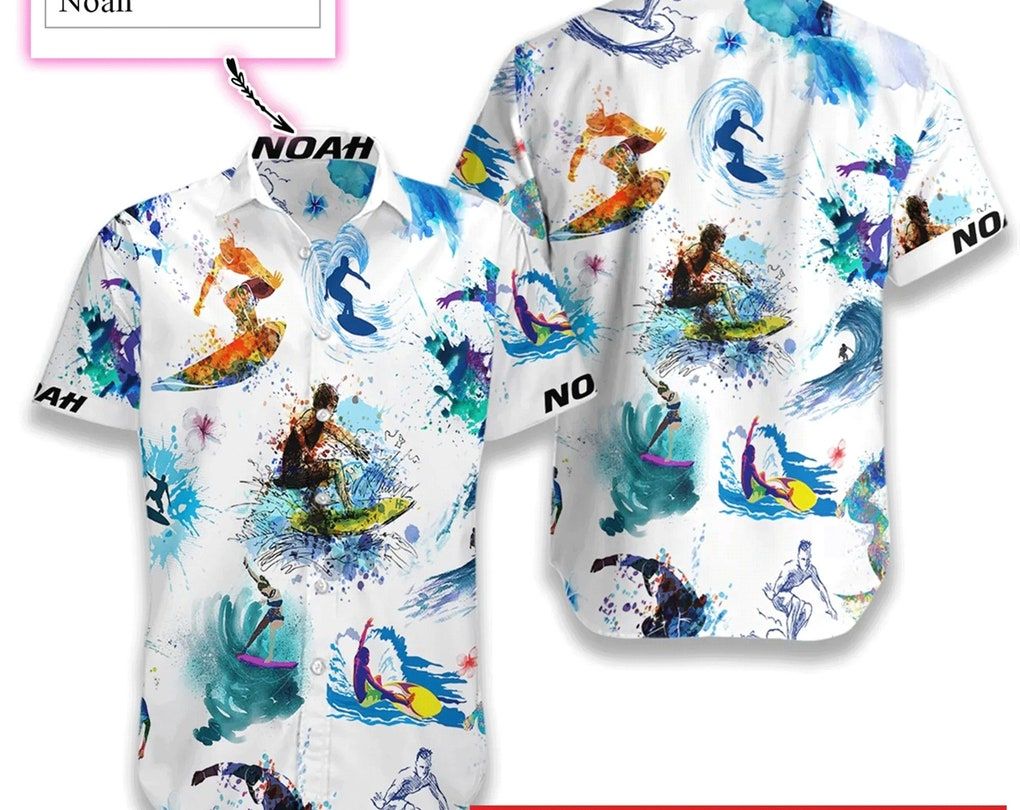 Surfing Art Water Color Custom Name Trendy Hawaiian Shirt, Custom Name Trendy Hawaiian Shirt, Customize Short Sleeve Shirts, Gifts For Bachelor Party.