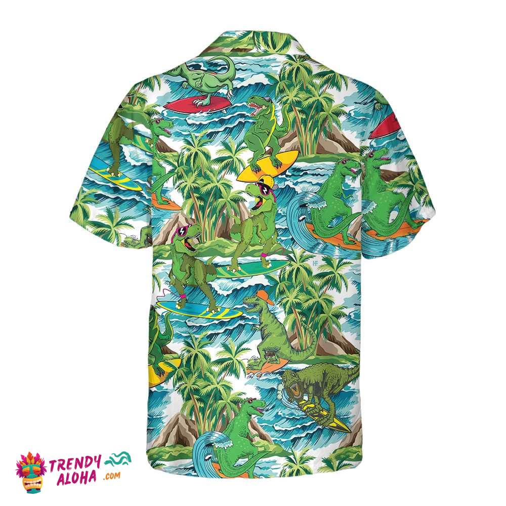 Surfing Dinosaur Hawaiian Shirt, Funny Dinosaur Shirt, Cool Printed Dino Shirt For Adults