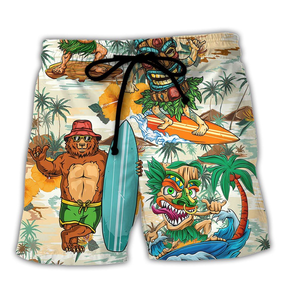 Surfing Funny Bear And Tiki Ride The Wave Follow The Sun Lovers Surfing Trendy Aloha Hawaiian Beach Shorts Surfing Funny Bear And Tiki Ride The Wave Follow The Sun Lovers Surfing Trendy Aloha Hawaiian Beach Shorts
