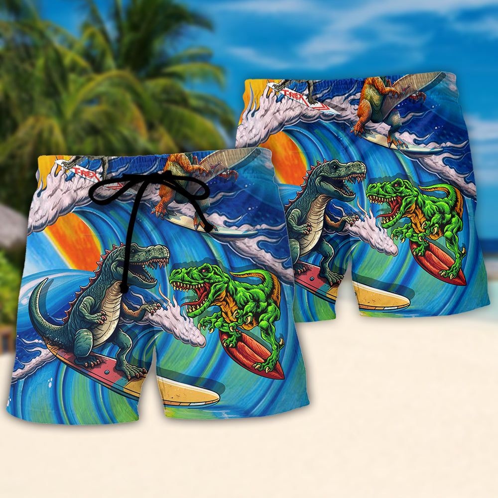 Surfing Funny Dinosaur Surfing Is Life Lovers Surfing Trendy Aloha Hawaiian Beach Shorts