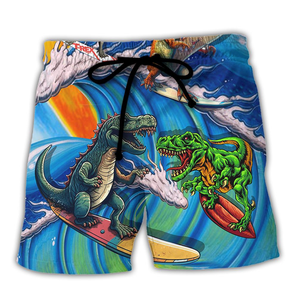 Surfing Funny Dinosaur Surfing Is Life Lovers Surfing Trendy Aloha Hawaiian Beach Shorts