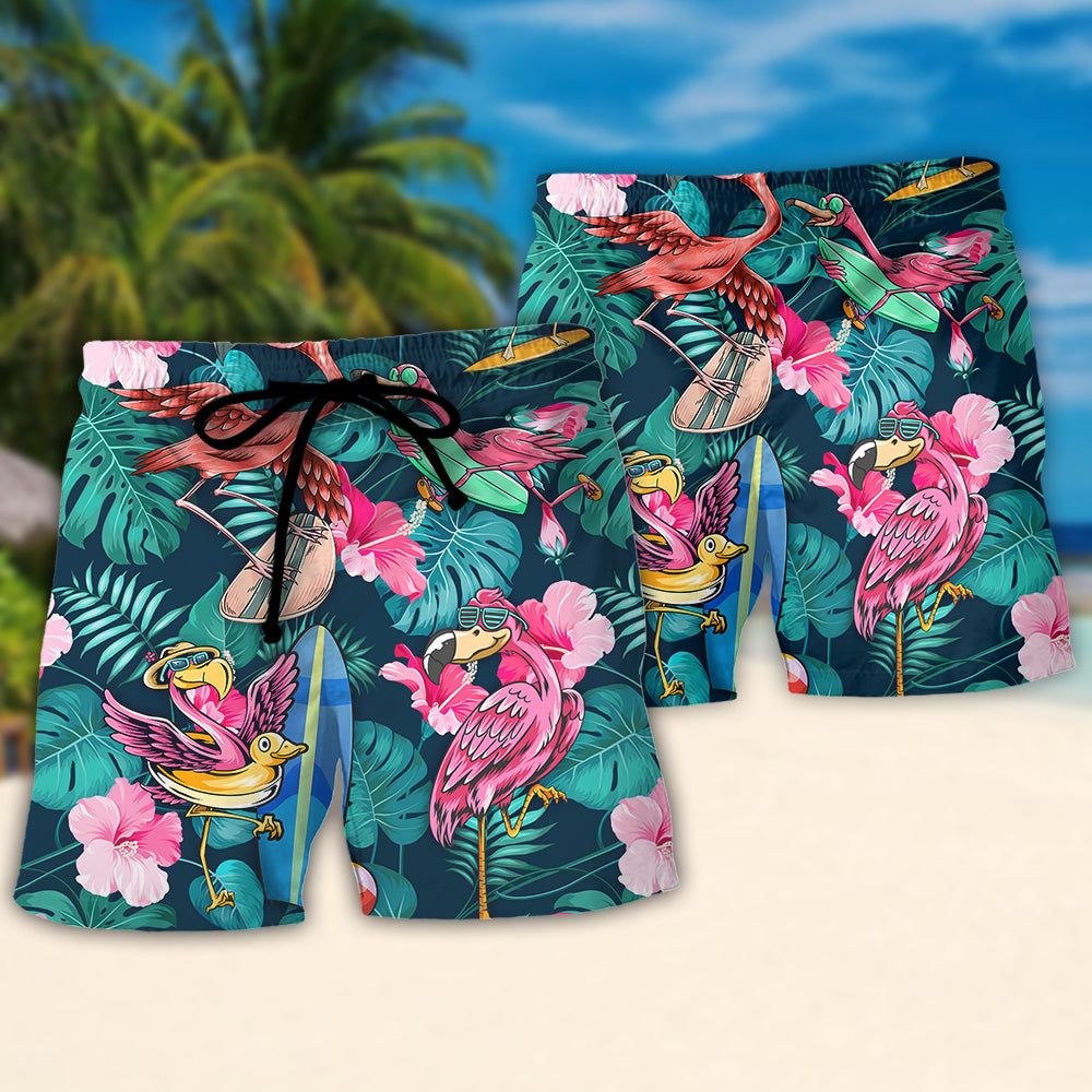 Surfing Funny Flamingo You Can’t Stop The Waves But You Can Learn To Surf Trendy Aloha Hawaiian Beach Shorts
