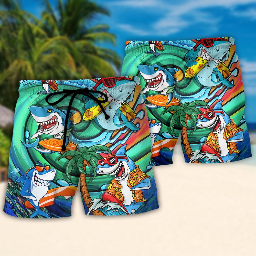 Surfing Funny Shark Surfing Life Is Simple Just Add Water Surfing Lovers Trendy Aloha Hawaiian Beach Shorts