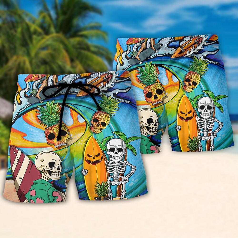 Surfing Funny Skeleton Never Underestimate An Old Guy On A Surfboard Surfing Lovers Trendy Aloha Hawaiian Beach Shorts