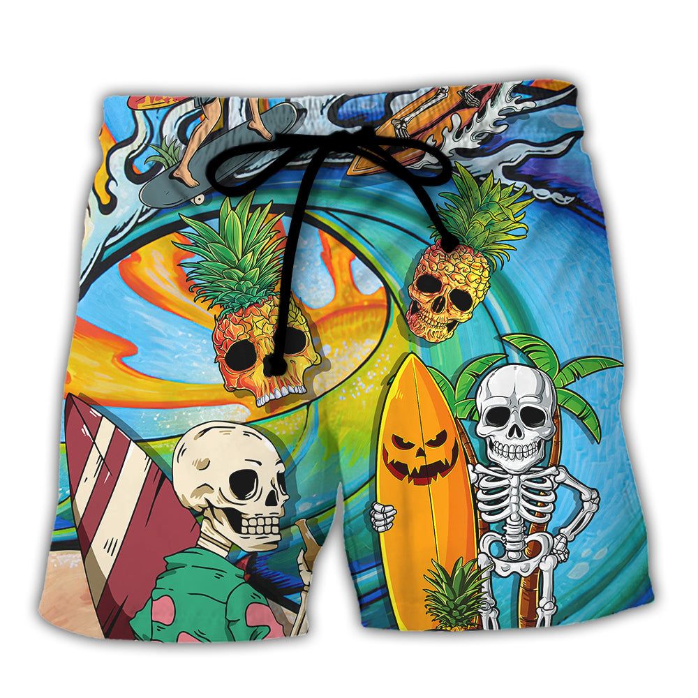 Surfing Funny Skeleton Never Underestimate An Old Guy On A Surfboard Surfing Lovers Trendy Aloha Hawaiian Beach Shorts