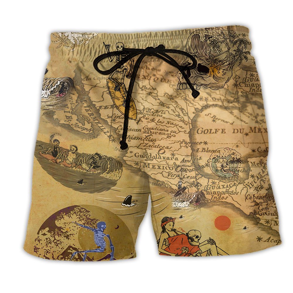 Surfing Skeleton Map Vintage Trendy Aloha Hawaiian Beach Shorts Surfing Skeleton Map Vintage Trendy Aloha Hawaiian Beach Shorts