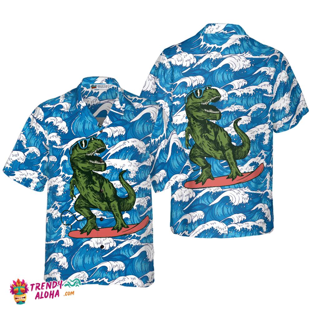 Surfing T-Rex Dinosaur Hawaiian Shirt